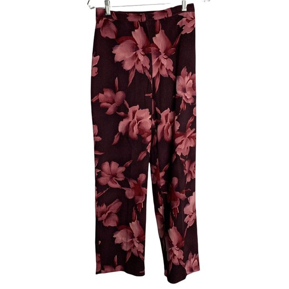 Rafael High Waisted Floral Pants S Maroon Pink Straight Leg Elastic Waist - Picture 1 of 5